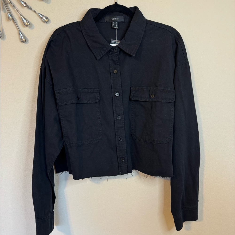 Cropped Black Cotton Raw-Cut Long Sleeve Shirt Jacket Top size 2X NWT - Picture 6 of 7